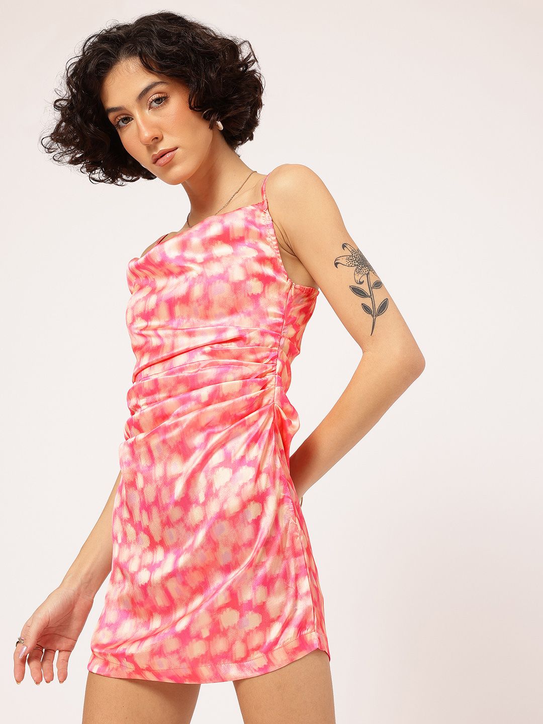 DressBerry Dainty Print Ruched Satin-Finish Mini Dress