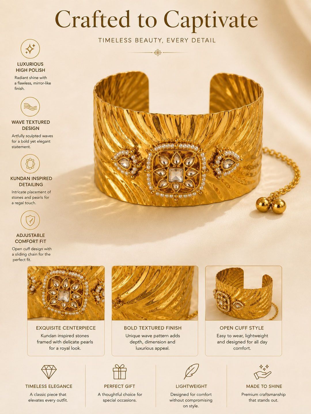 PANASH Gold-Plated Artificial Stones Studded Cuff Bracelet
