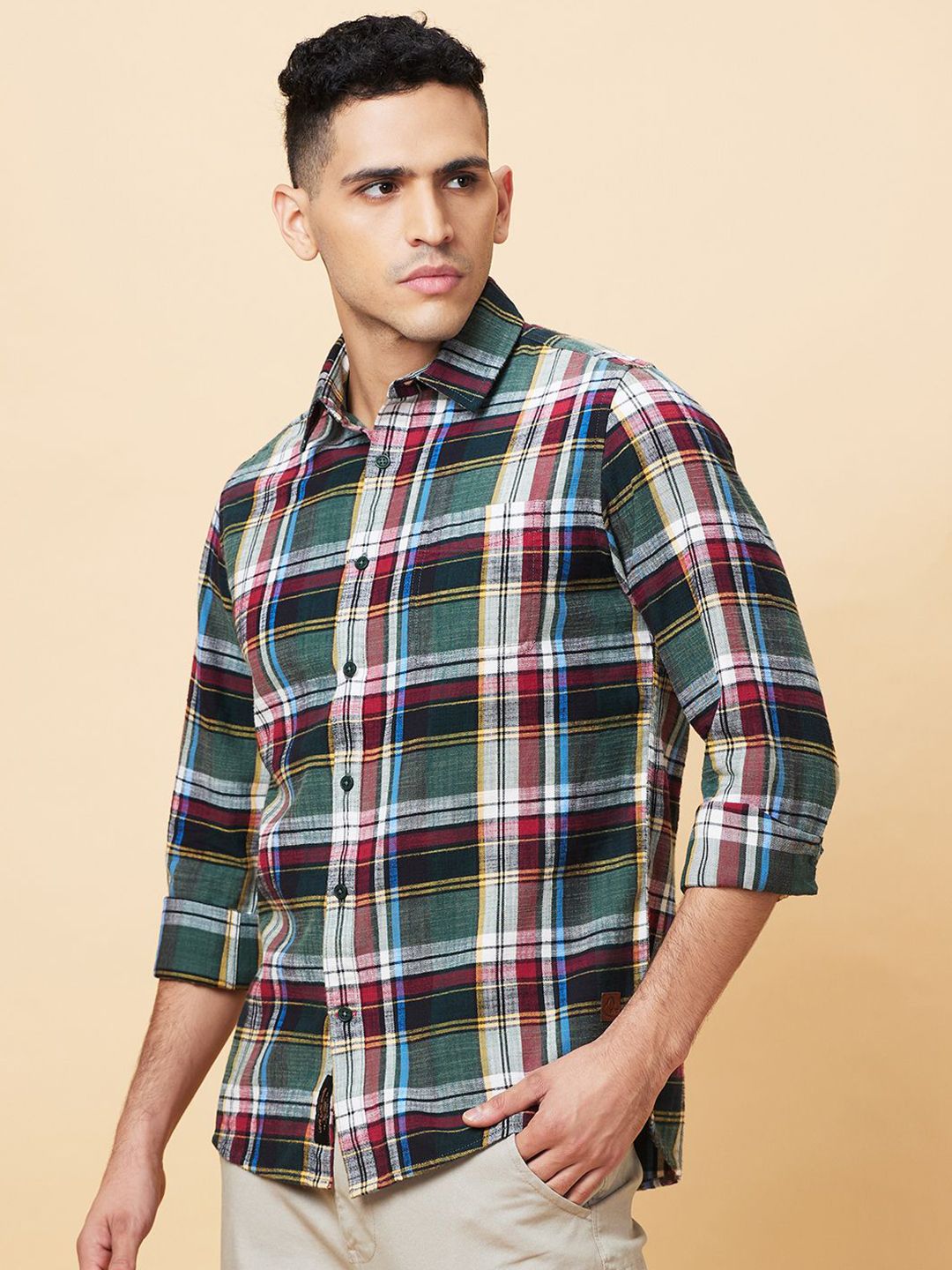 Being Human Men Classic Slim Fit Spread Collar Tartan Checked Cotton Casual Shirt