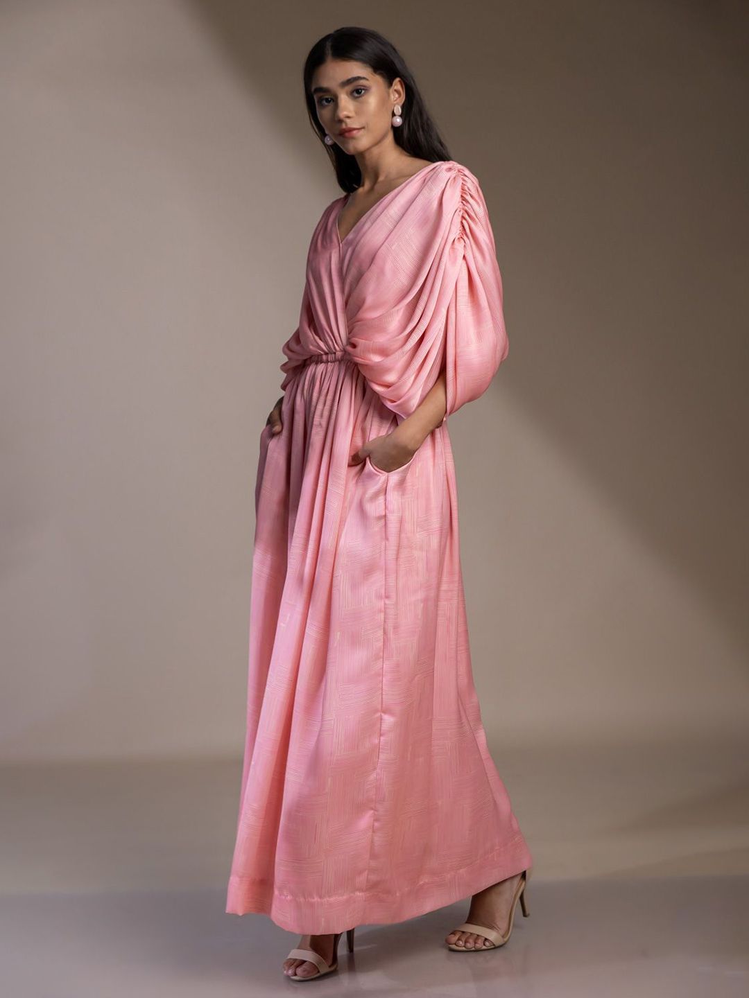 Pakaian Mamicha Wanita V-Leher Pleated Maxi A-Line