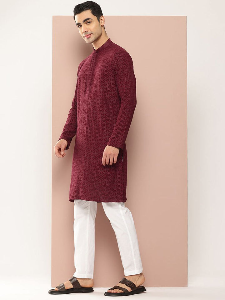 See Designs Geometric Embroidered Mandarin Collar Chikankari Straight Kurta