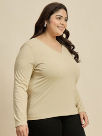 CURVY STREET Women Solid V-Neck Cotton Plus Size T-shirt