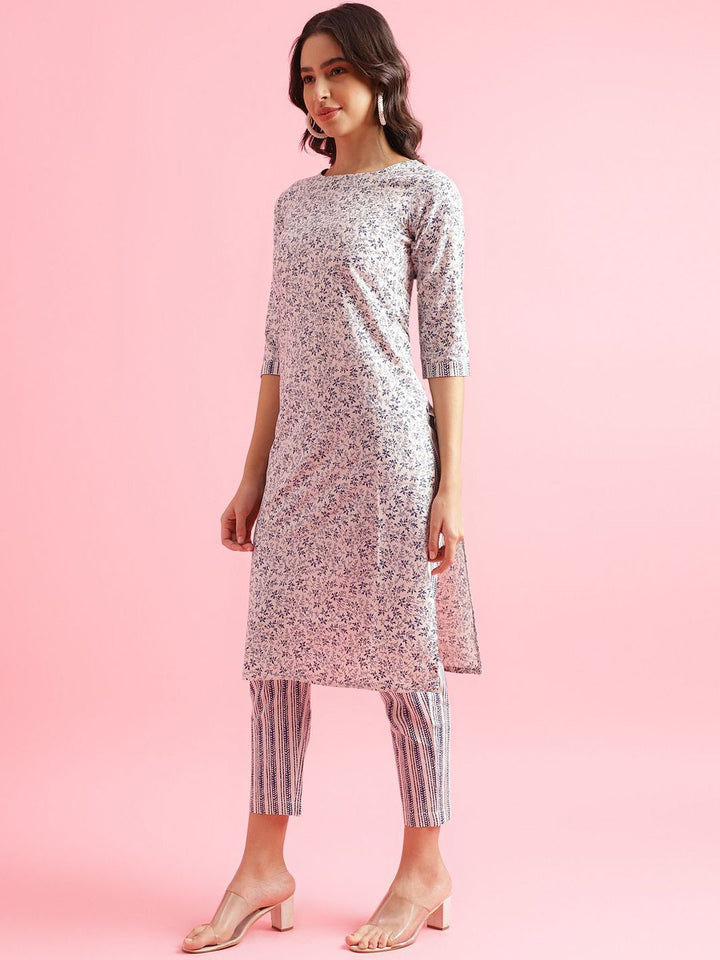 KALINI Floral Printed Round Neck Three Qaurter Sleeves Straight Kurta With Trousers