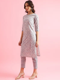 KALINI Floral Printed Round Neck Three Qaurter Sleeves Straight Kurta With Trousers