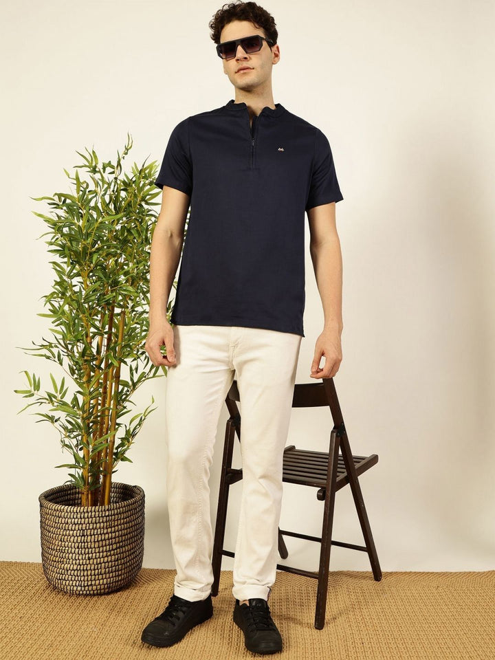 Thomas Scott Men Solid Mandarin Collar Cotton T-Shirt