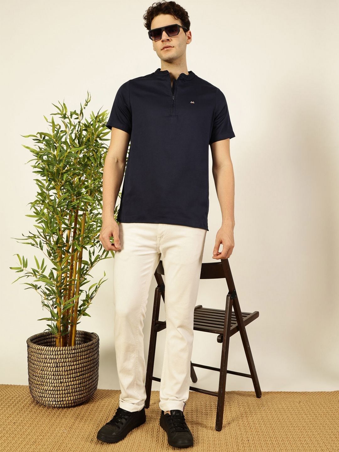 Thomas Scott Men Solid Mandarin Collar Cotton T-Shirt