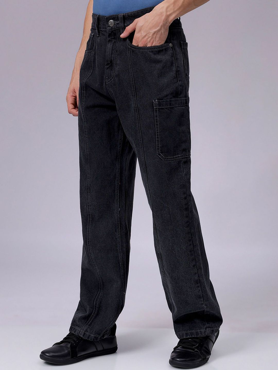 The Indian Garage Co Men Pure Cotton Baggy Fit Mid-Rise Cargo Jeans