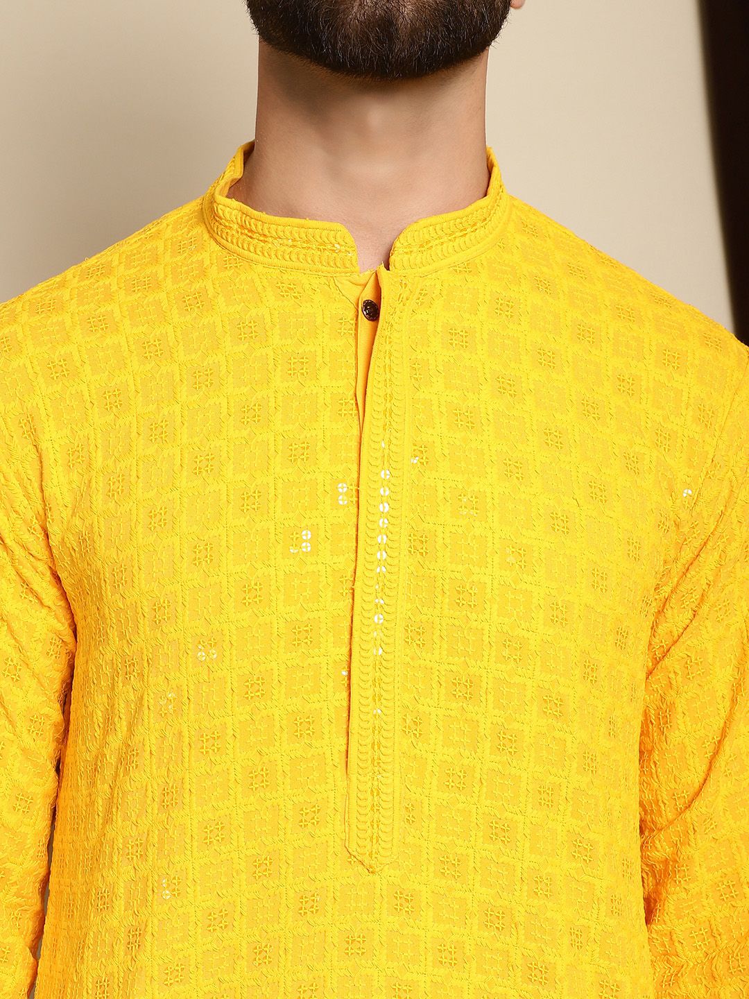 Anouk Yellow Embroidered Sequinned Pure Cotton Kurta with Churidar