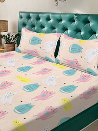 KLOTTHE Beige Cartoon Printed Fitted 400 TC King Superfine Bedsheet & 2 Pillow Cover
