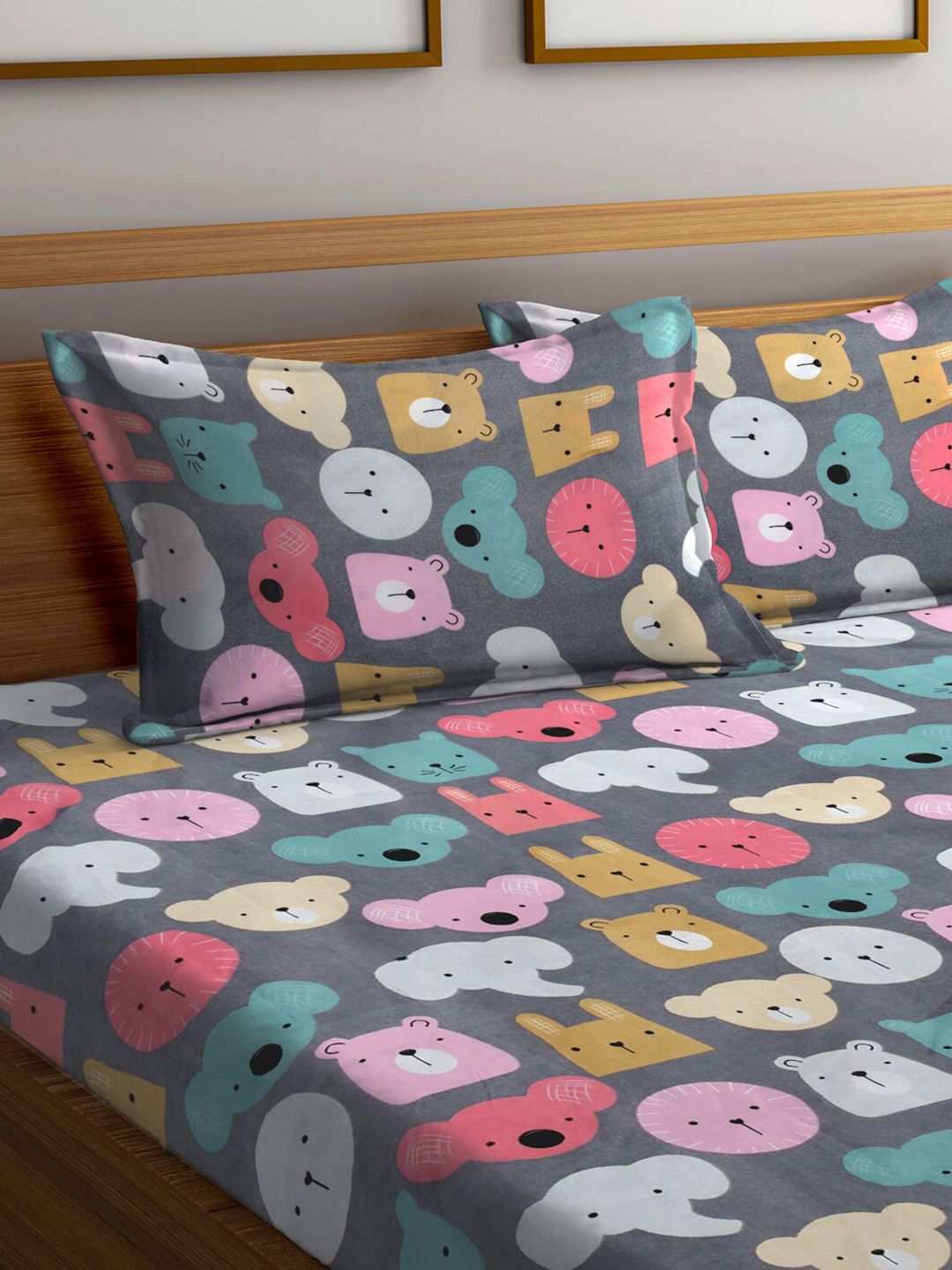 KLOTTHE Grey Cartoon Printed Flat 300 TC King Bedsheet with 2 Pillow Covers-250X225 cm