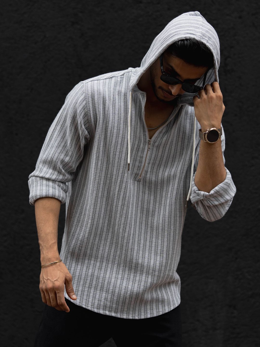 Powerlook Men Hood Vertical Striped Cotton Casual Shirt