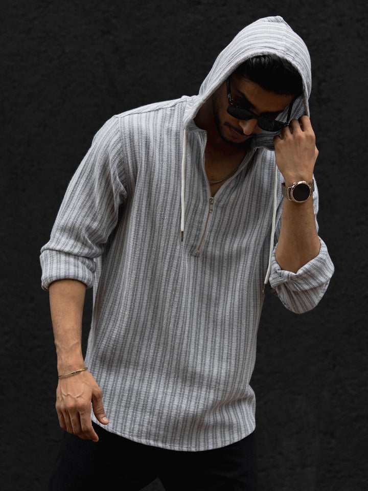 Powerlook Men Hood Vertical Striped Cotton Casual Shirt