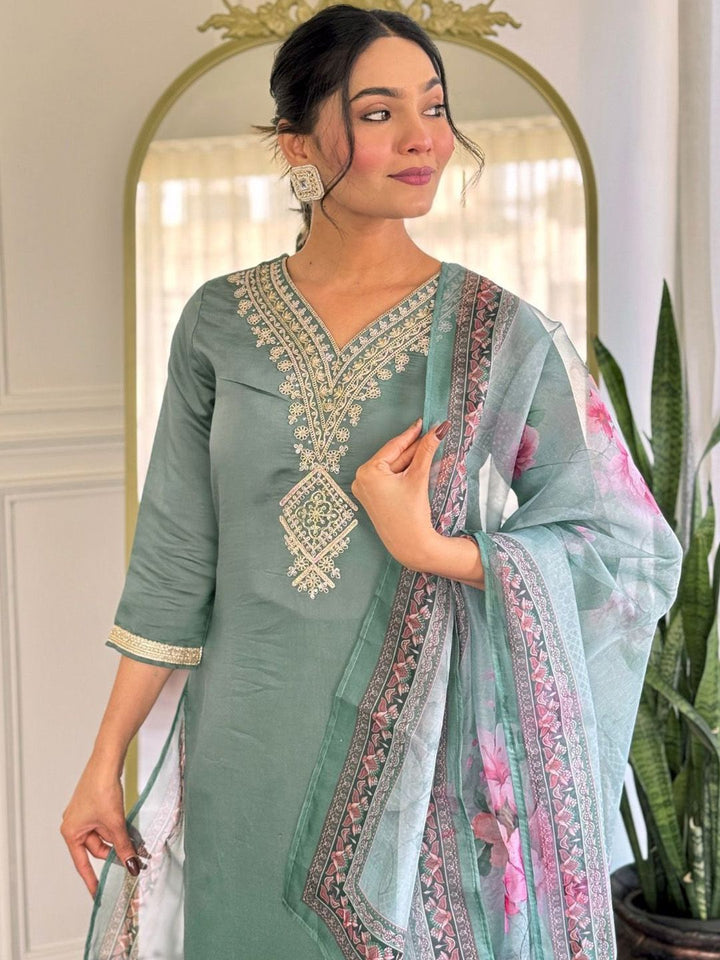 KALINI Yoke Design V-Neck Straight Kurta With Trousers And Dupatta