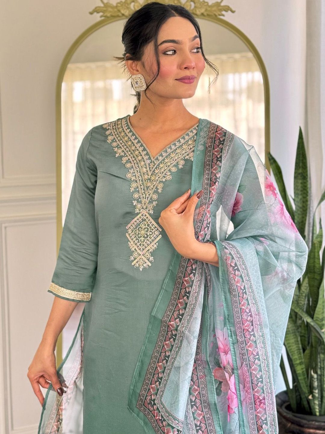 KALINI Yoke Design V-Neck Straight Kurta With Trousers And Dupatta