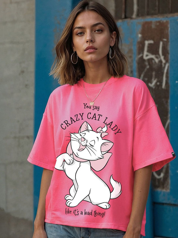 Bewakoof Official Disney Merchandise Women's Crazy Cat Lady Pure Cotton Oversized T-shirt