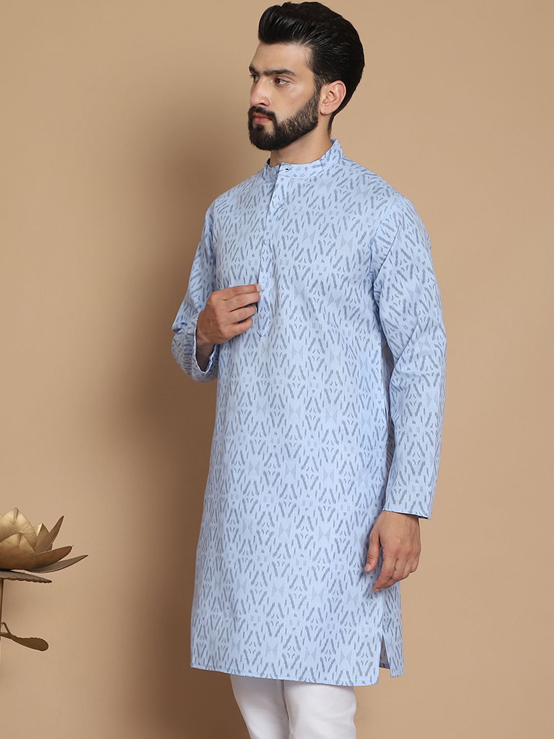 Anouk Blue Ethnic Motifs Printed Mandarin Collar Pure Cotton Straight Kurta