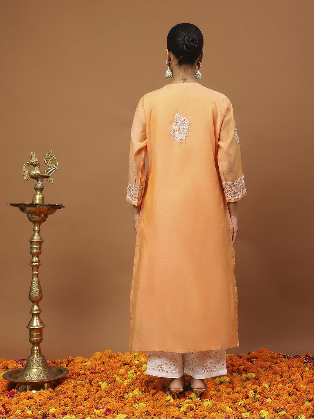 House of Chikankari Women Orange Chanderi Chikankari Embroidered Kurta Set