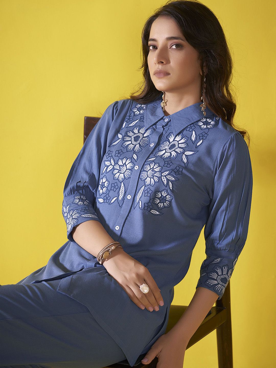 Anouk Blue and white Embroidered Liva Shirt With Trouser