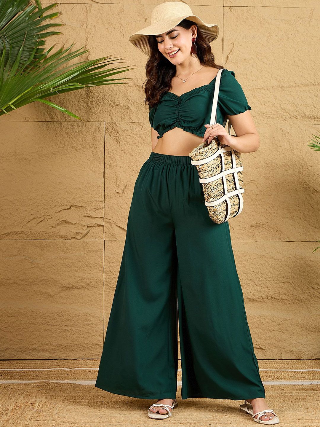 Berrylush Green V-Neck Crop Top With Palazzo