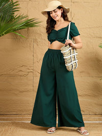 Berrylush Green V-Neck Crop Top With Palazzo