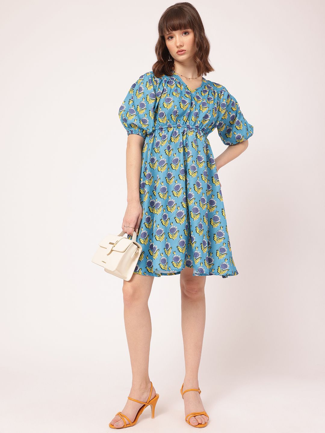 DressBerry Daydream Diva Floral Print Cinched Waist A-line Dress