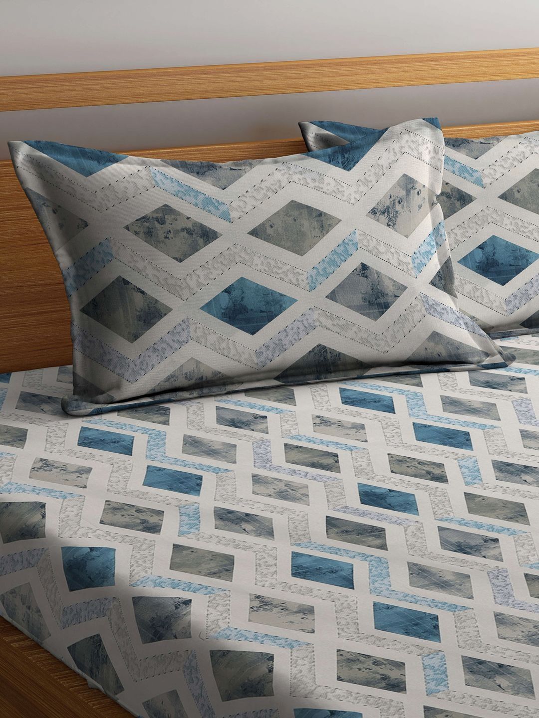 Myntra Elegant Homes Blue Geometric Cotton 400TC King Double Bedsheet dengan 2 Sarung Bantal