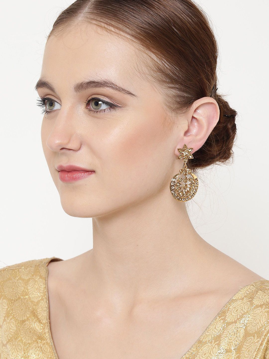 Anouk Gold Plated Cubic Zirconia Studded Crescent Shaped Chandbalis