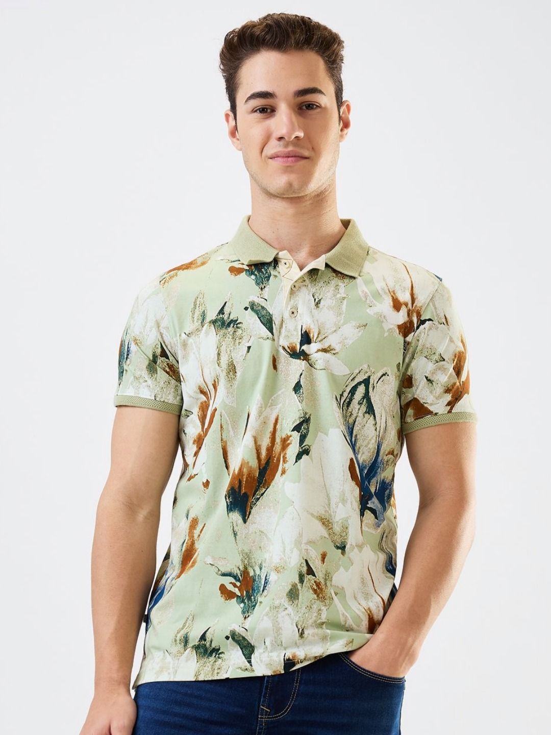 SPYKAR Men Floral Printed Polo Collar Cotton Slim Fit T-shirt