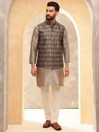 Anouk Grey Embroidered Mandarin Collar Jacquard Silk Kurta With Pyjama And Nehru Jacket