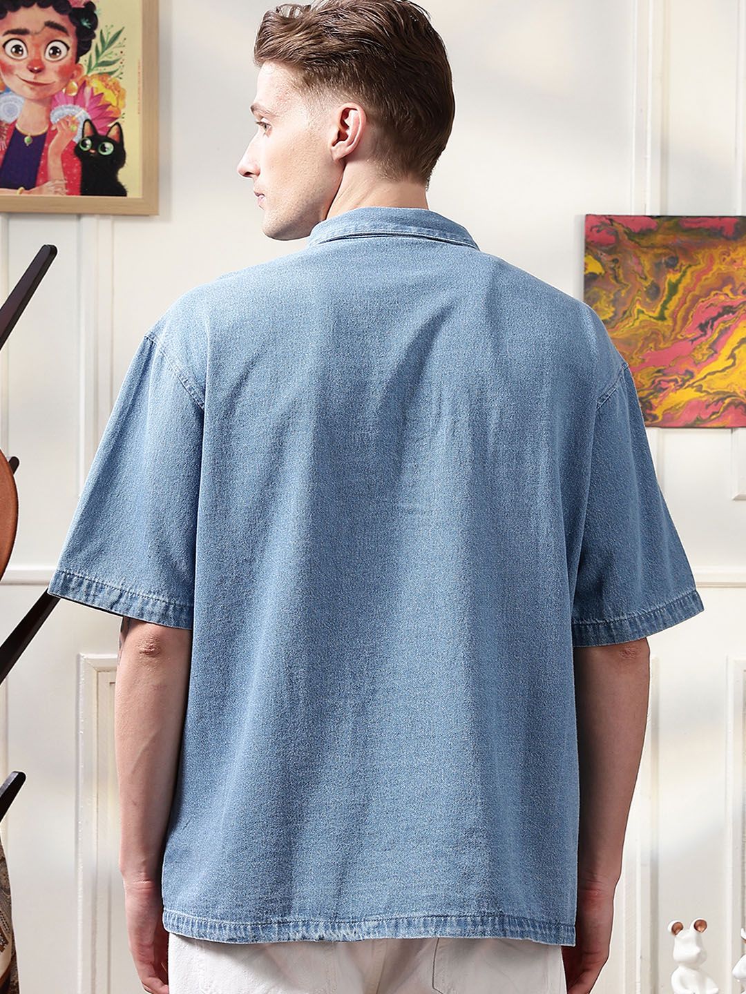 Eszett Embroidery Spread Collar Denim Ice Utility Oversized Shirt