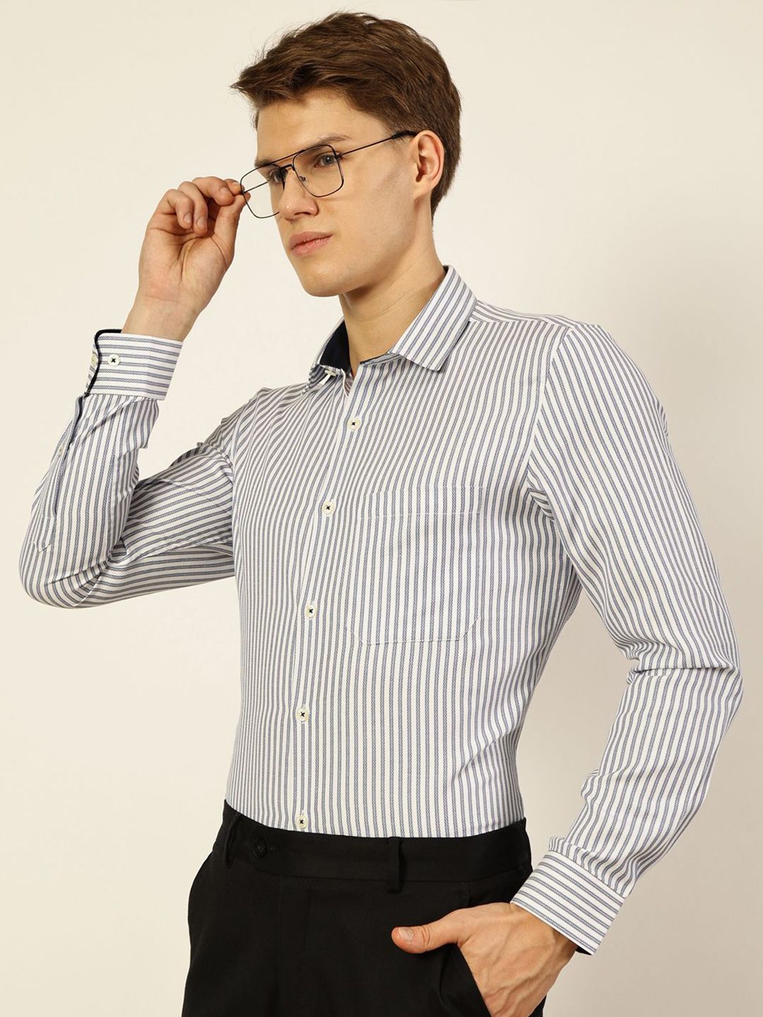Thomas Scott Men Smart Cutaway Collar Pinstripes Striped Cotton Formal Shirt