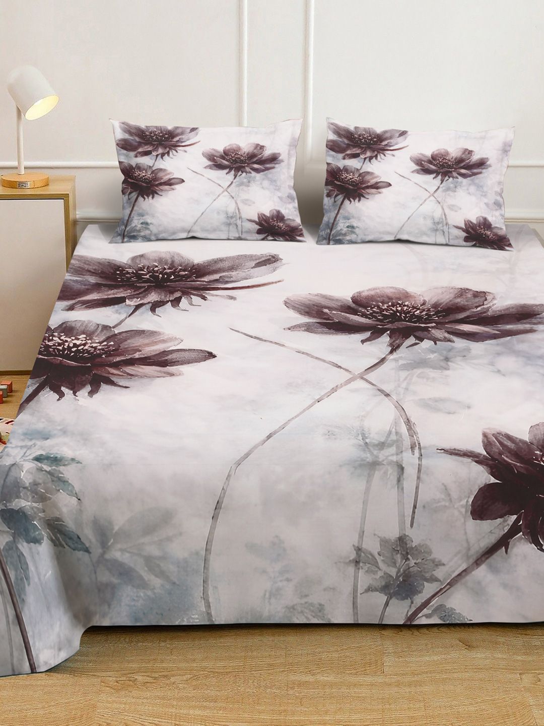 KLOTTHE Grey & Purple Floral Printed Flat 300 TC King Fine Bedsheet With 2 Pillow Cover