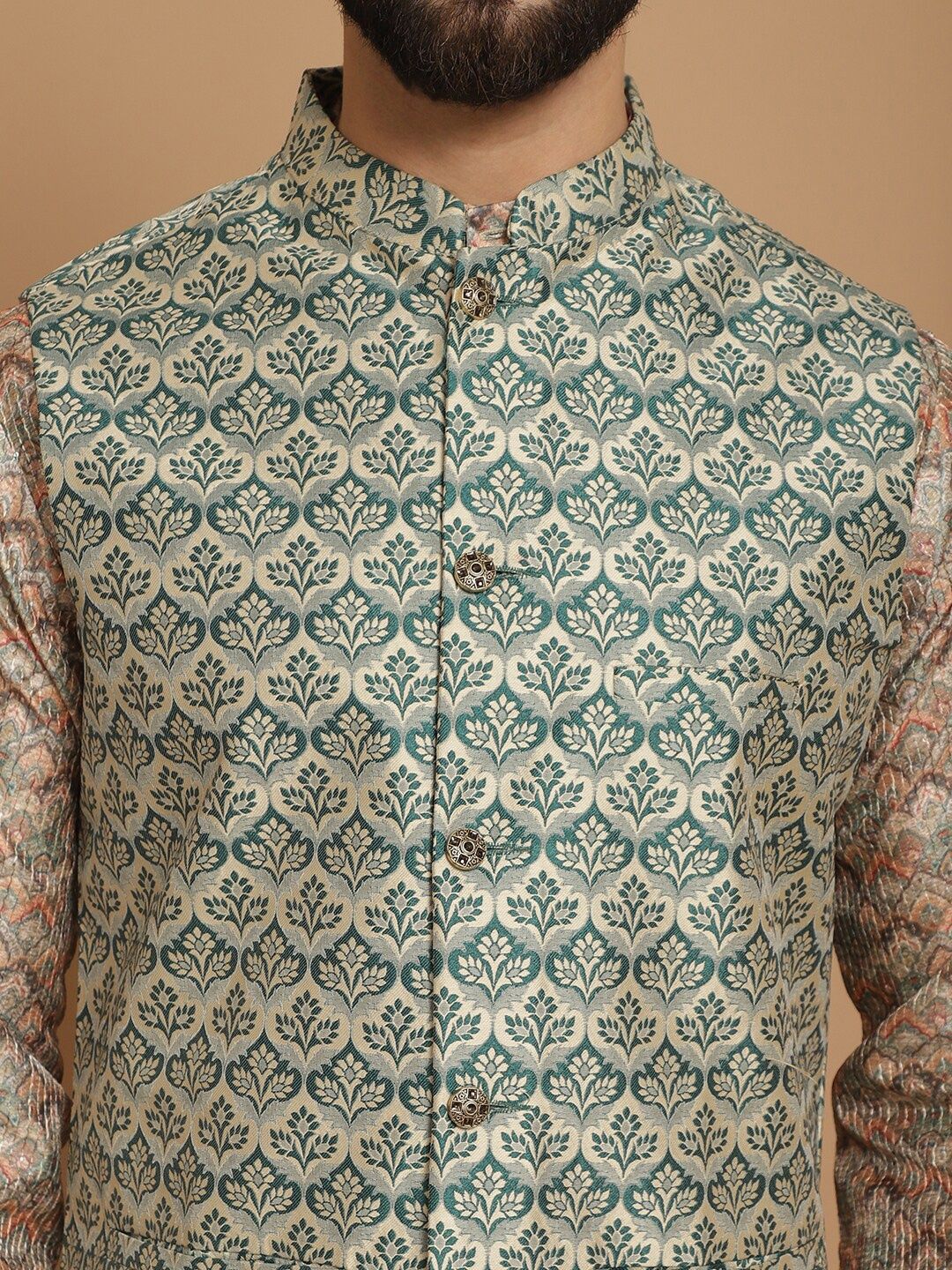 Anouk Beige Etnic Motif Tenunan Rekaan Kurta Lurus Dengan Jaket Churidar & Nehru