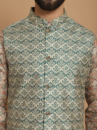 Anouk Beige Etnic Motif Tenunan Rekaan Kurta Lurus Dengan Jaket Churidar & Nehru