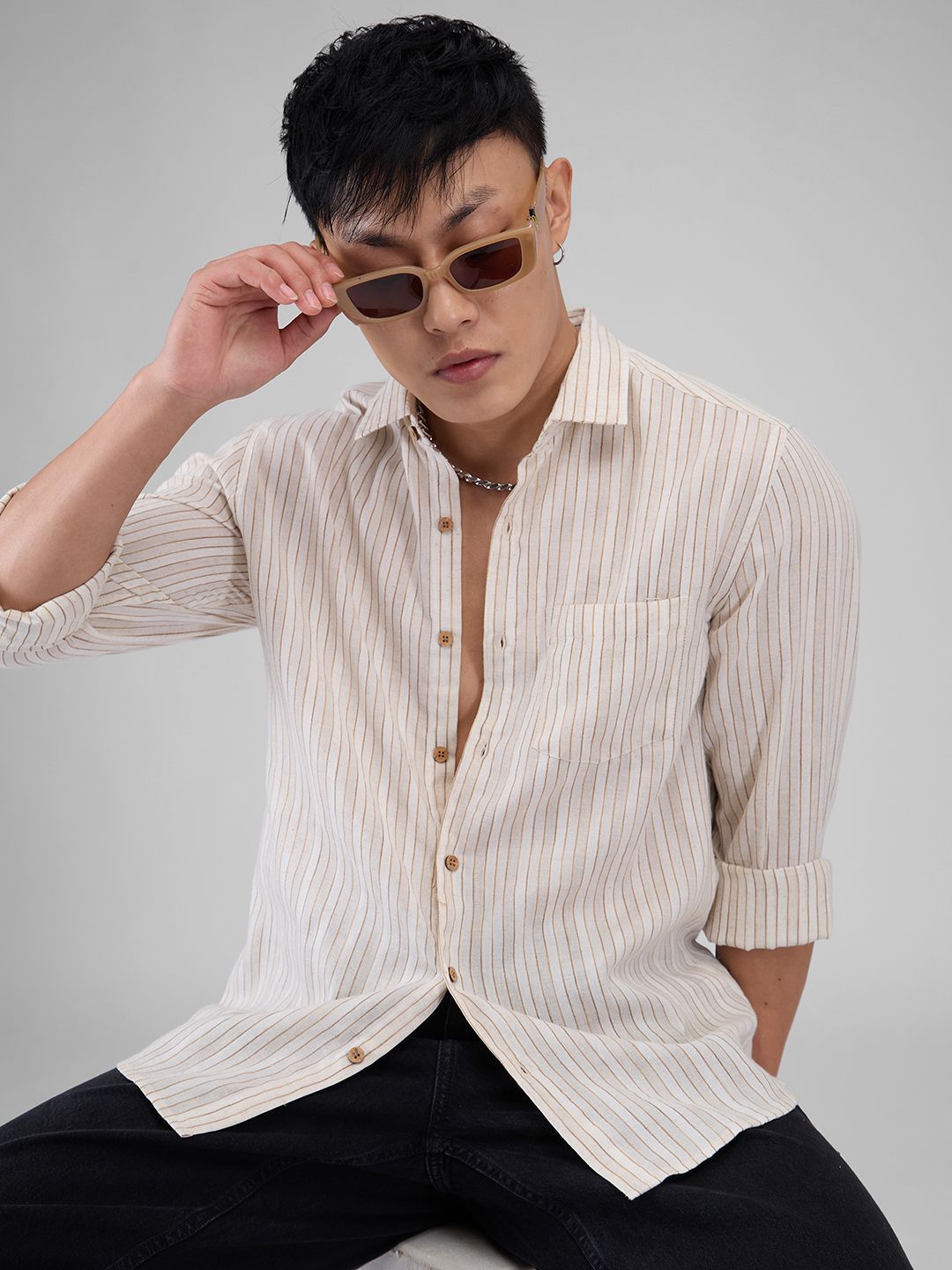 VASTRADO Men Classic Spread Collar Vertical Striped Cotton Slim Fit Casual Shirt