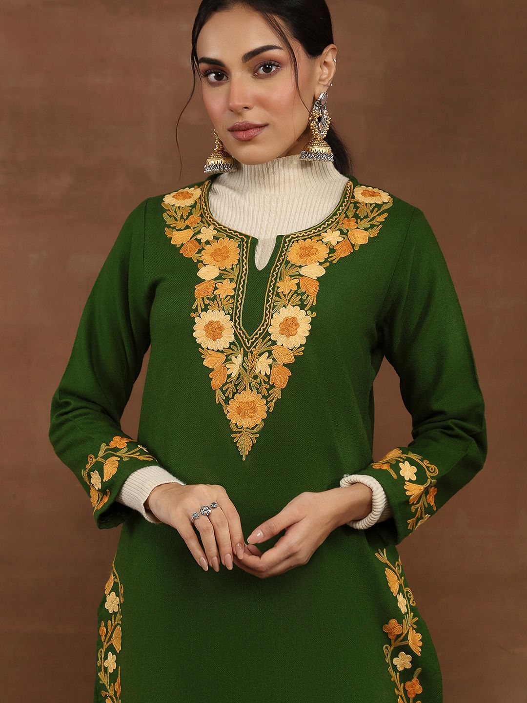 House of Chikankari Women Green Woolen Aari Sulam Kurta