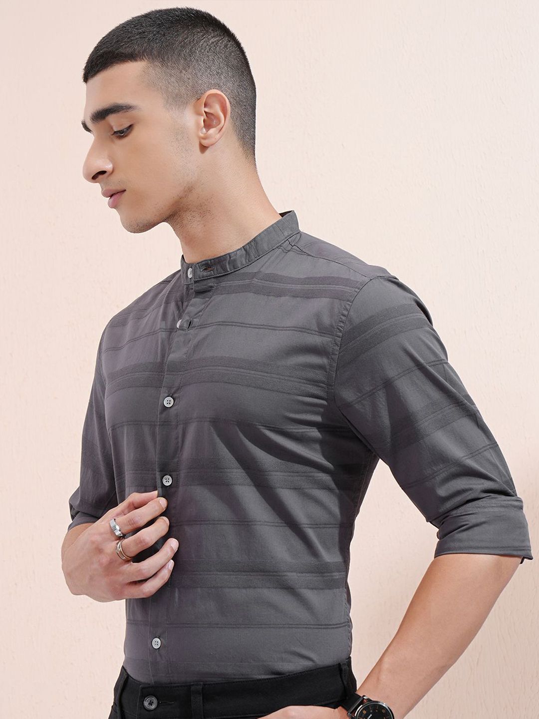 Highlander Men Charcoal Dobby Textured Striped Mandarin Collar Casual Shirt