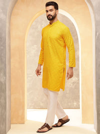 Anouk Yellow Geometric Embroidered Mandarin Collar Straight Pure Cotton Kurta With Pyjamas