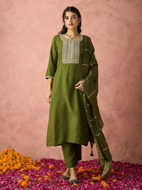 KALINI Ethnic Motifs Embroidered Straight Kurta With Trousers & Dupatta