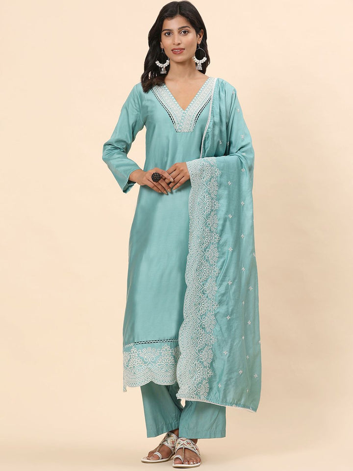 Mamicha Women Floral Embroidered Thread Work Pure Cotton Kurta with Palazzo & Dupatta