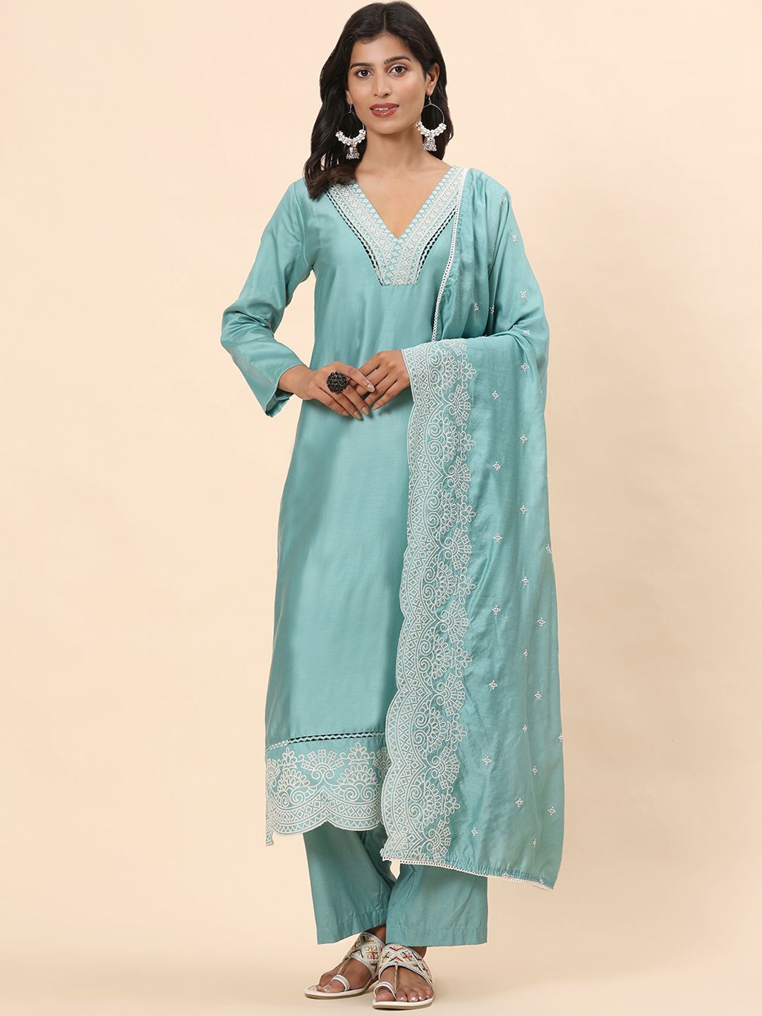 Mamicha Women Floral Embroidered Thread Work Pure Cotton Kurta with Palazzo & Dupatta