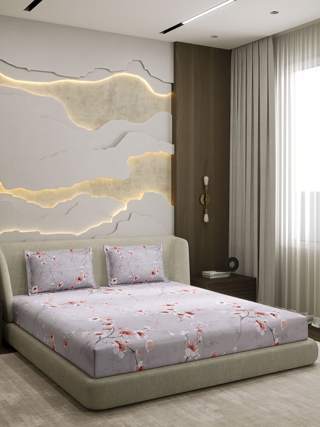 Monte Carlo Grey & Pink Printed Cotton 104 TC Queen Bedsheet Set 2.24 m x 2.54 m