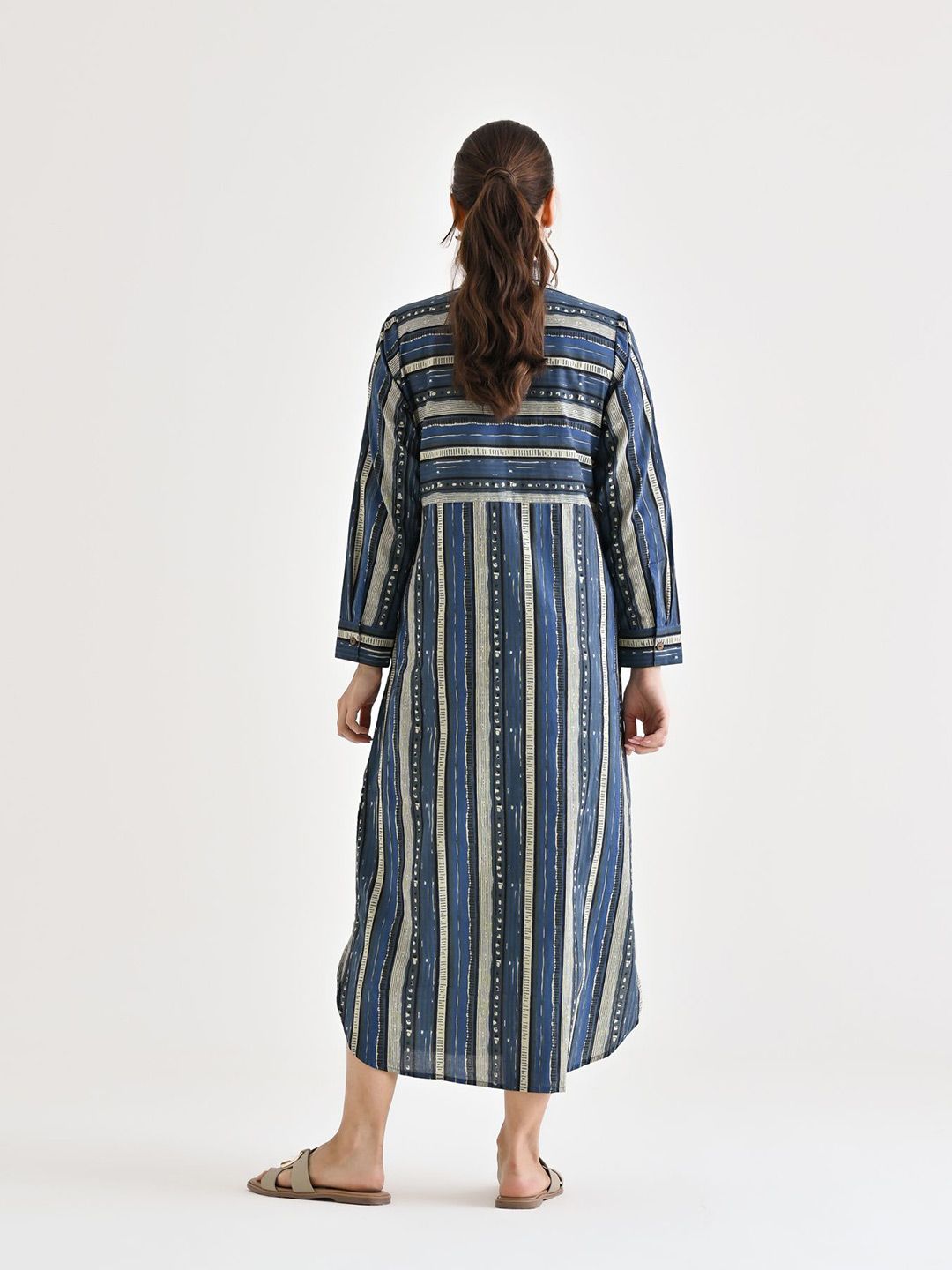 Rustorange Women Striped Cotton Shirt Collar Shirt Midi Dress