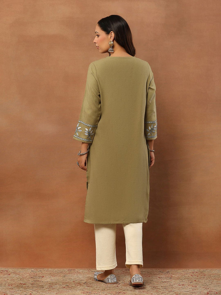 House of Chikankari Women Olive Woolen Aari Sulam Kurta