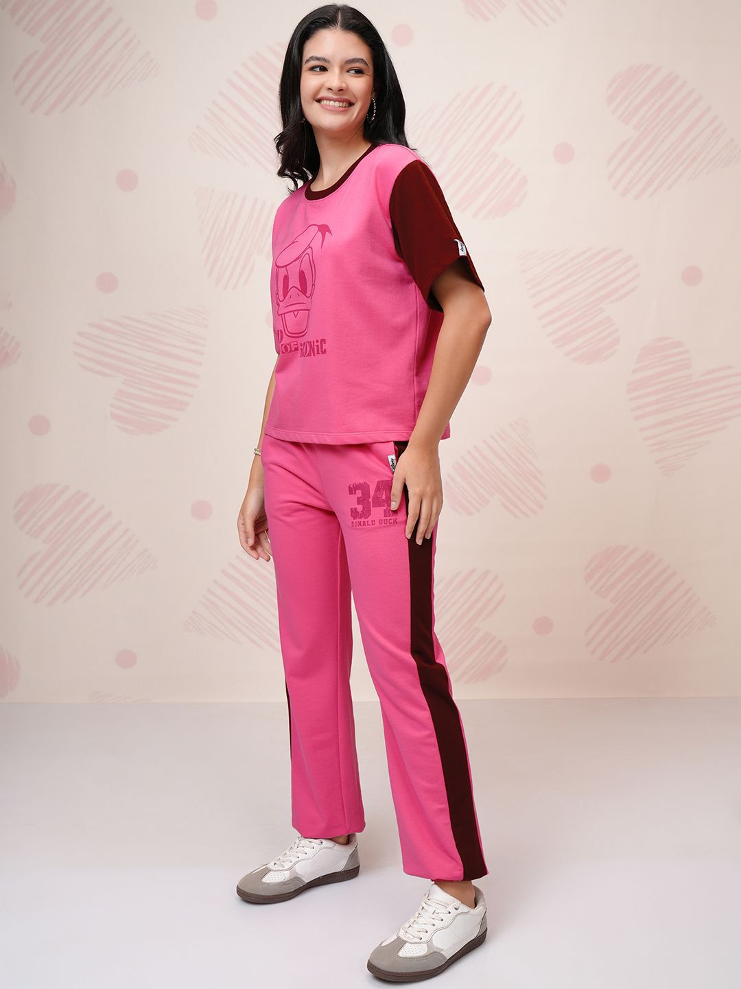 Tokyo Talkies Pink Disney Mickey Mouse Printed Round Neck Pure Cotton T Shirt & Trouser