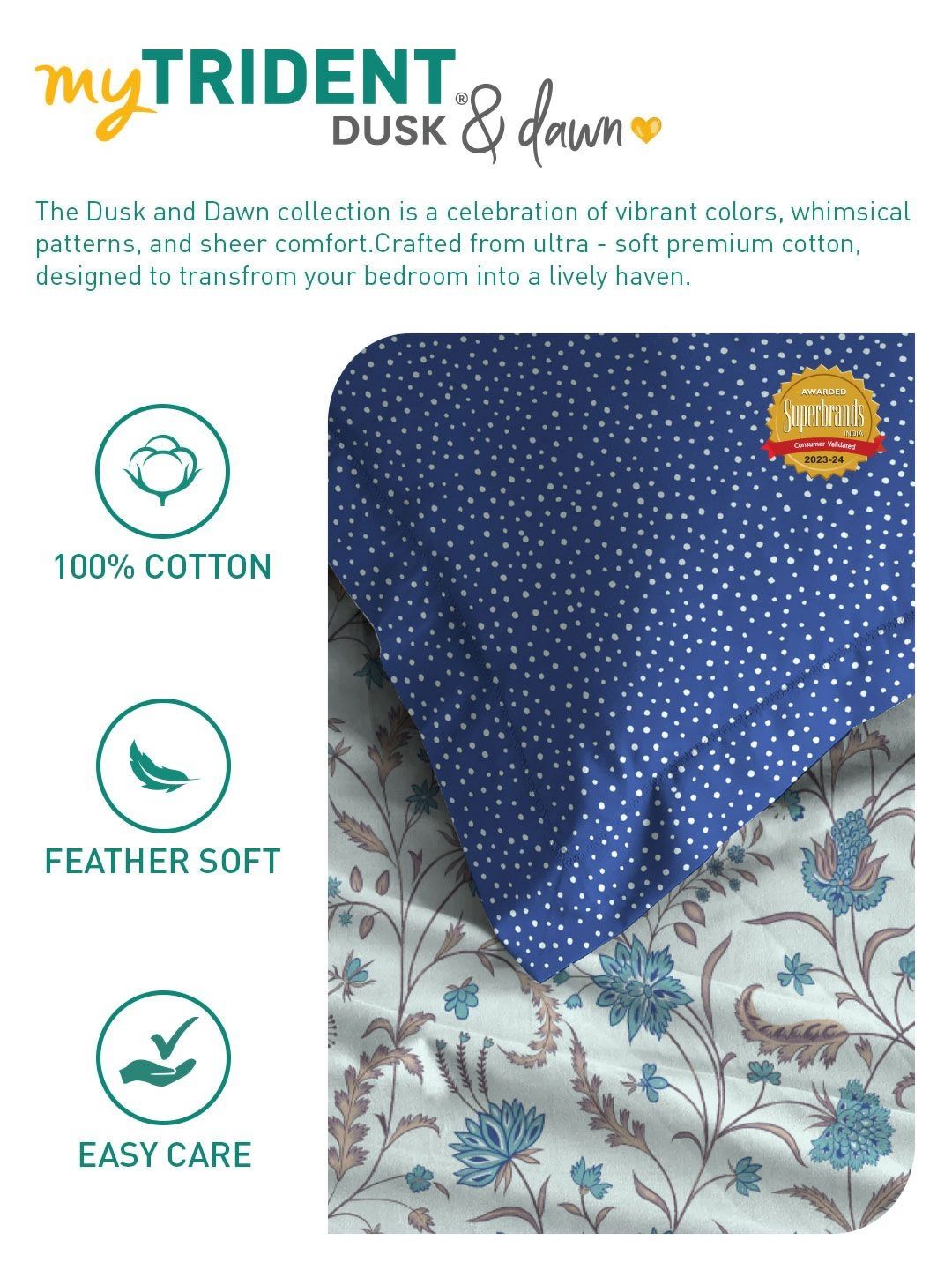 MYTRIDENT Coromandel Blue Dusk & Dawn Flat 144TC Queen Cotton Bedsheet Set