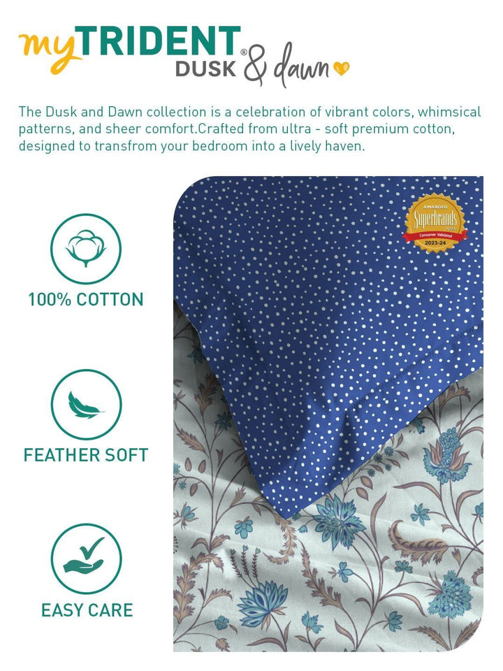 MYTRIDENT Coromandel Blue Dusk & Dawn Flat 144TC Queen Cotton Bedsheet Set