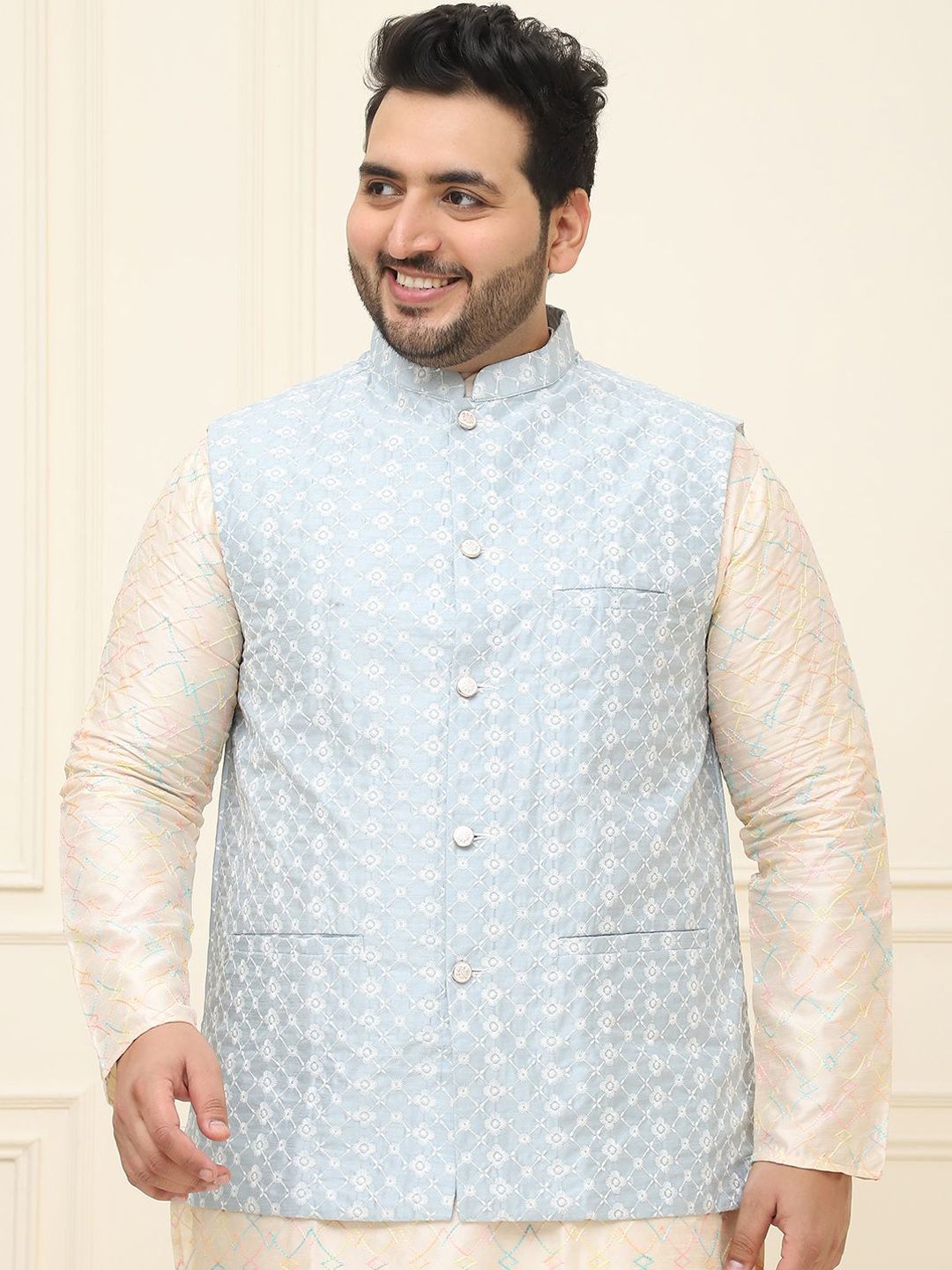 SOJANYA PLUS Lelaki Plus Saiz Sulam Jaket Nehru Kolar Mandarin