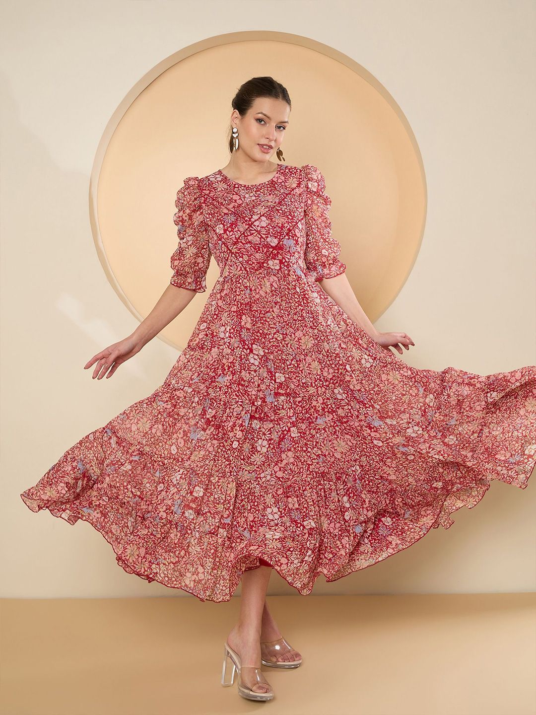Antheaa Floral Print Puff Sleeve Chiffon Fit & Flare Embellished Maxi Dress