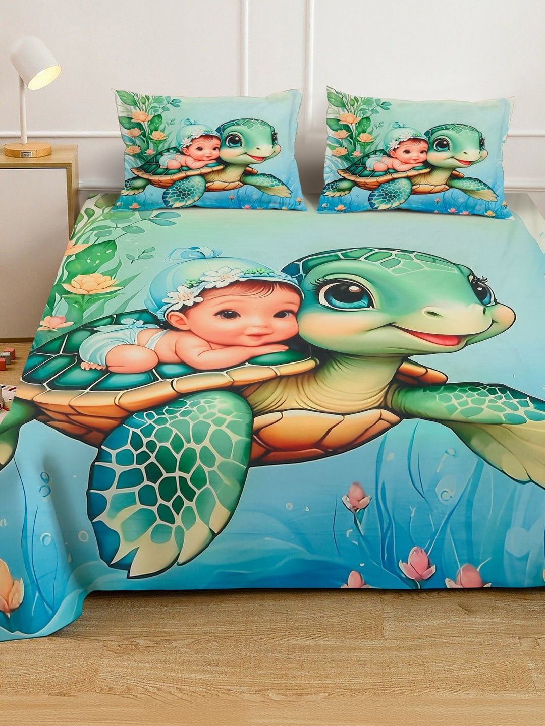 KLOTTHE Green Cartoon Printed Flat 300 TC Super King Cadar Dengan 2 Sarung Bantal